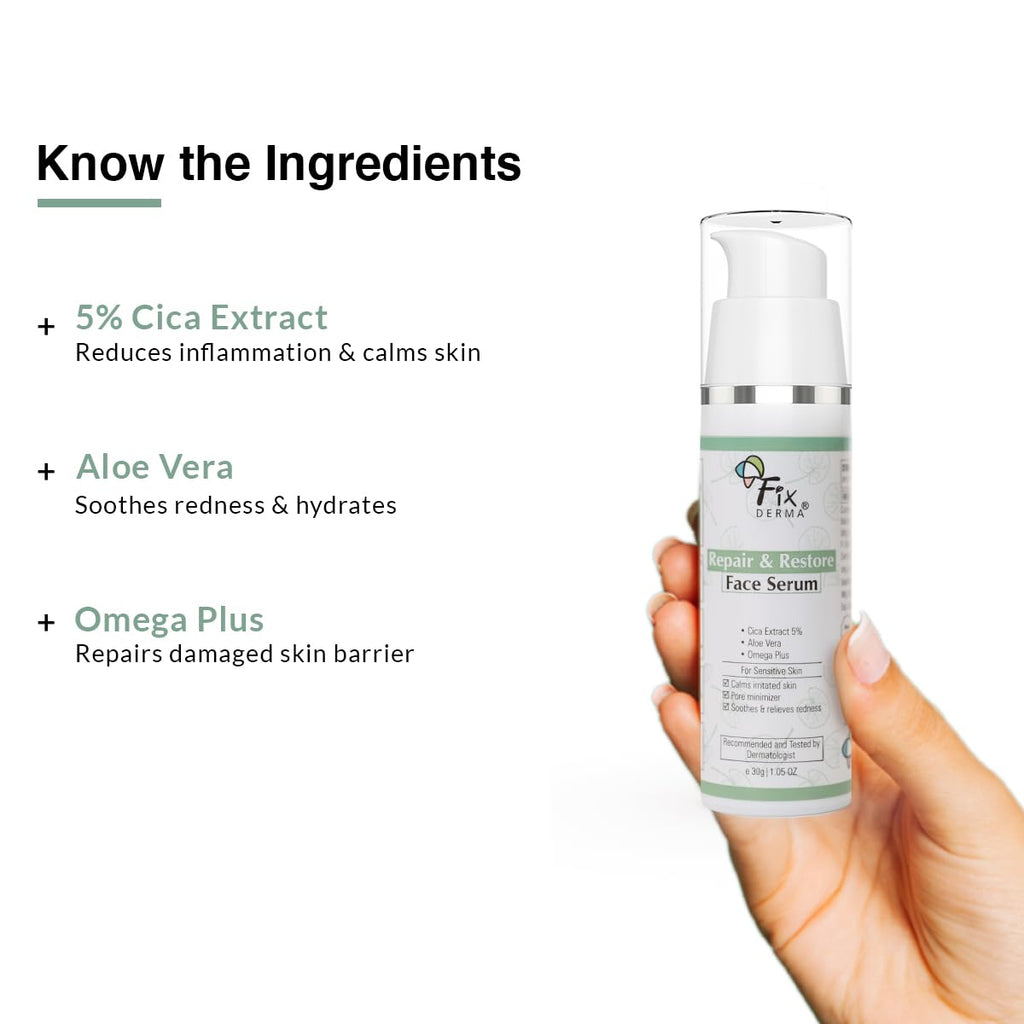 Fixderma 5% Cica Extract Repair & Restore Face Serum for Sensitive Skin | Aloevera Face Serum | Cica Glow Face Serum with Omega Plus | Face Serum for Men & Women - 30gm