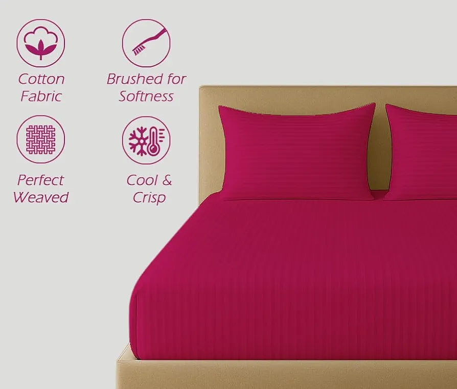 Trance Home Linen 100% Cotton 78x66 inch 200TC Satin Stripe Elastic Fitted Bedsheet Daily Use Double Bed Fitted Bedspread with 2 Pillow Covers Colour Dark Pink