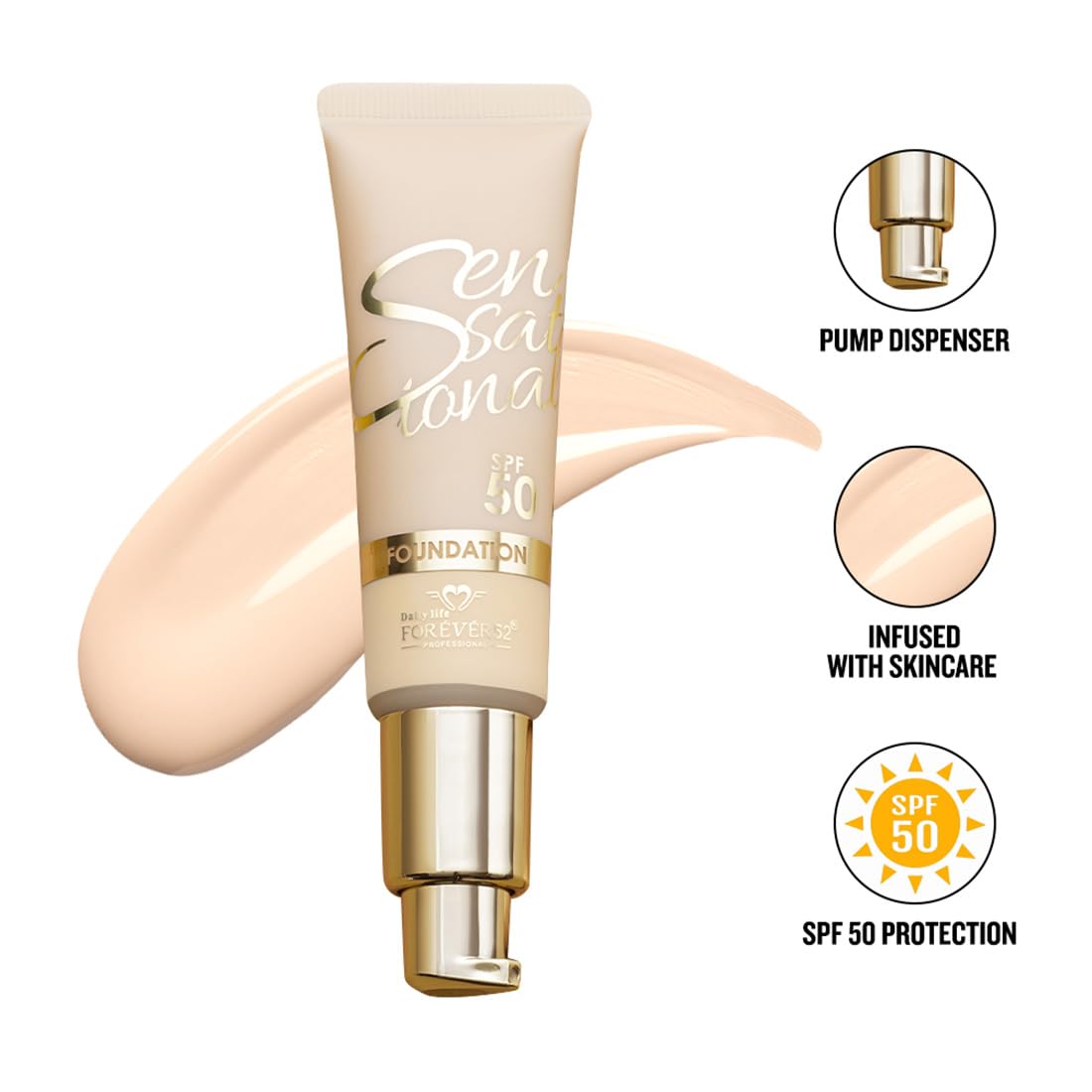Daily Life Forever52 Sensational SPF 50+ Foundation (White Peach-04, 30ML) Enriched with Hyalorinic Acid. Niacinamide and Vitamin E| Upto 12Hrs Longlasting Radiant Finish