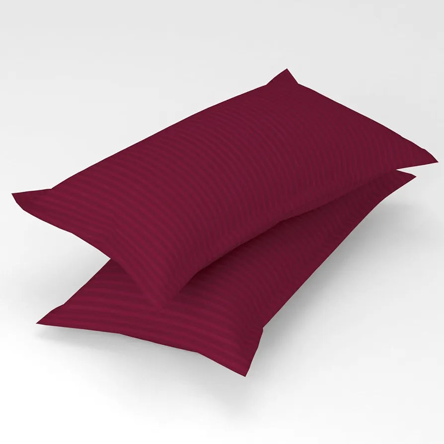 Homefab India 160 TC Stripe Cotton Feel Glace Cotton Elastic Fitted King Size Double Bed Bedsheet with 2 Pillow Covers Fits Upto 6 inches Mattress Maroon