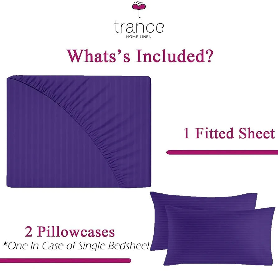 Trance Home Linen 100% Cotton 78x72 inch King Fitted 200TC Satin Stripe Elastic Fitted Bedsheet with 2 Pillow Covers Colour Dark Purple