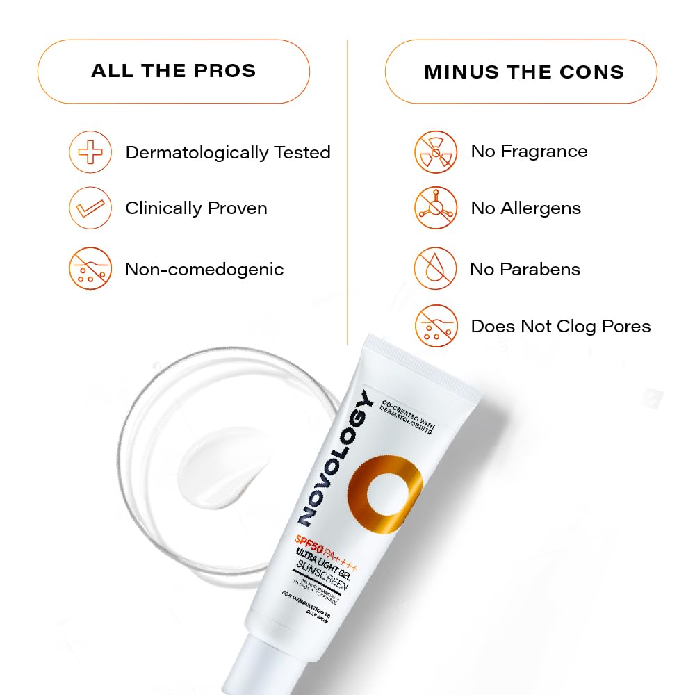 Novology SPF50 PA++++ Ultra Light Gel Sunscreen | Non-Greasy, Quick Absorbing, Invisible Finish | 50 g