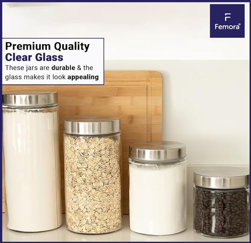 Femora Kitchen Storage Jars Borosilicate Glass With Steel Lid Air Tight Kitchen Jar and Container | 1100 Ml | Pack of 6