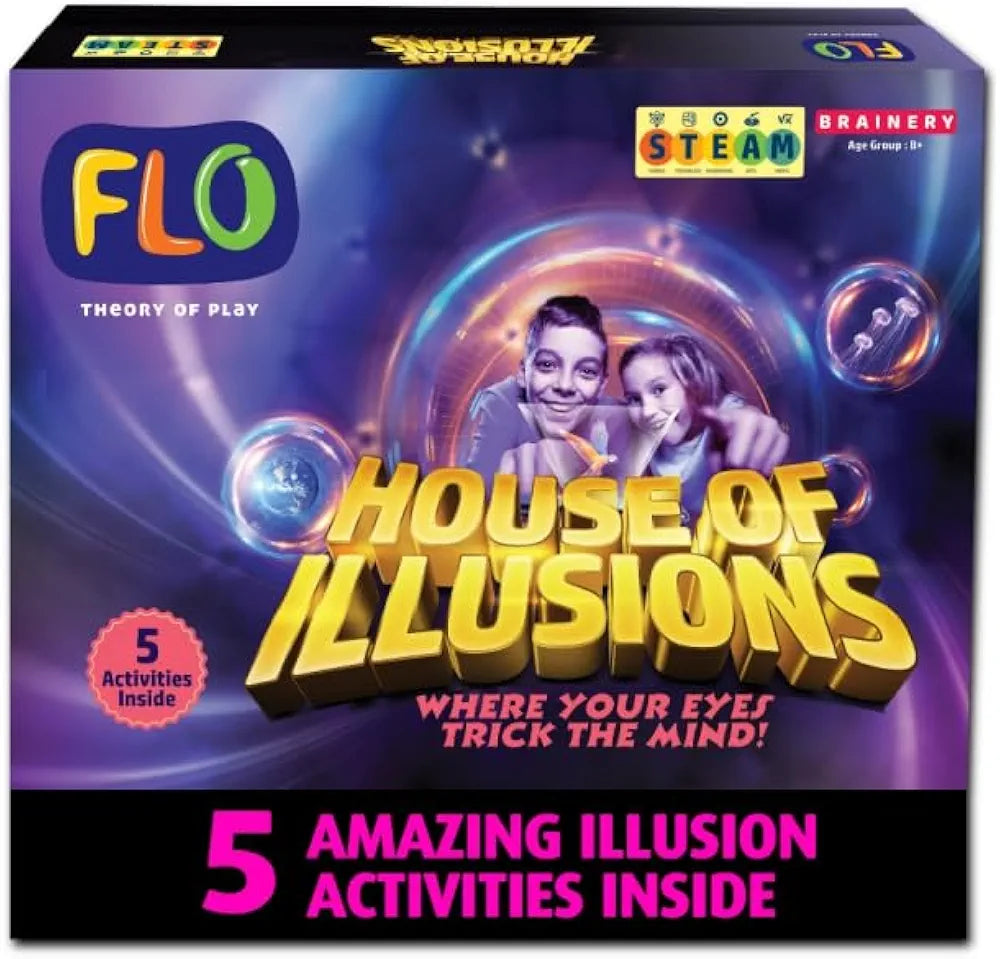 FLO Toys House of Illusions STEM Kit for Kids Age 6+ 5 Optical Illusion Experiments Kaleidoscope Hologram Theatre Mini Hologram Thaumatrope & Ames Window