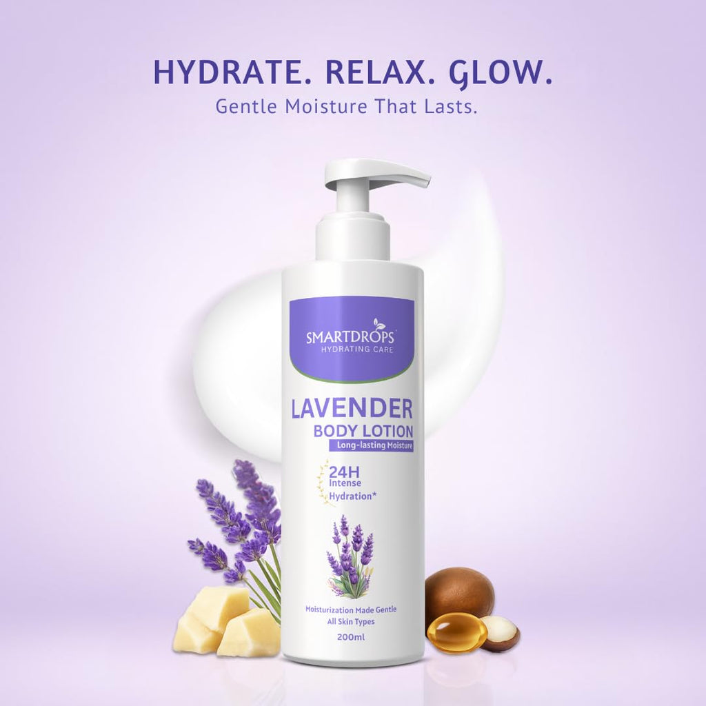 Smartdrops Lavender Body Lotion | Lavender Moisturizing Body Lotion | Shea butter & Lavender 24-Hour Moisture Skin Care | Lightweight & Non-Greasy | Suitable For All Skin Types, 200 ml (Pack of 1)