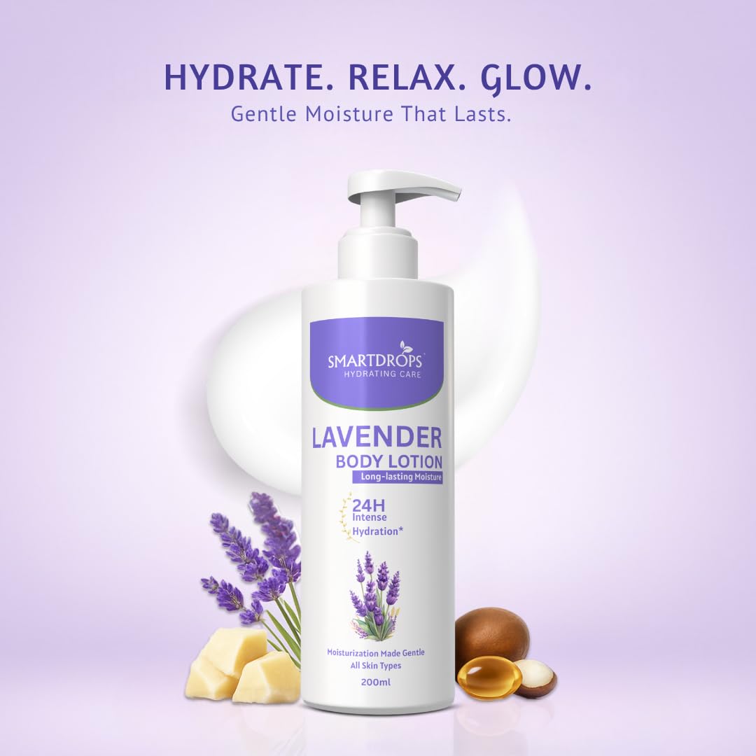 Smartdrops Lavender Body Lotion | Lavender Moisturizing Body Lotion | Shea butter & Lavender 24-Hour Moisture Skin Care | Lightweight & Non-Greasy | Suitable For All Skin Types, 200 ml (Pack of 1)