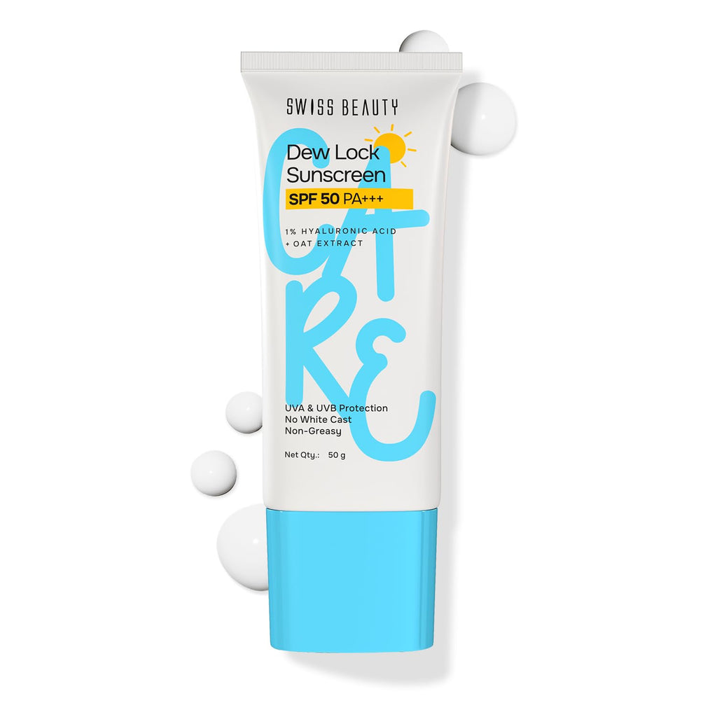 Swiss Beauty Care Dew Lock Sunscreen | SPF 50 PA+++ Broad-Spectrum Protection | No White Cast | With 1% Hyaluronic Acid | 50g