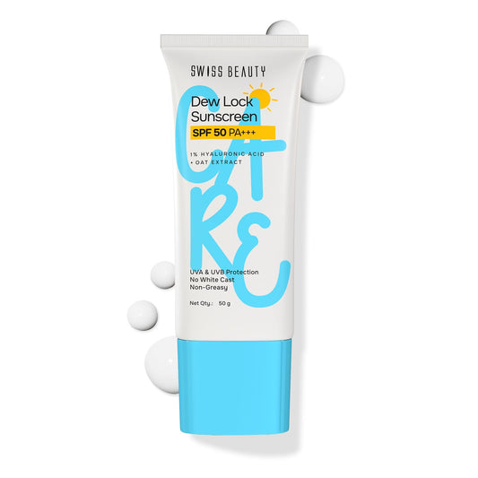 Swiss Beauty Care Dew Lock Sunscreen | SPF 50 PA+++ Broad-Spectrum Protection | No White Cast | With 1% Hyaluronic Acid | 50g