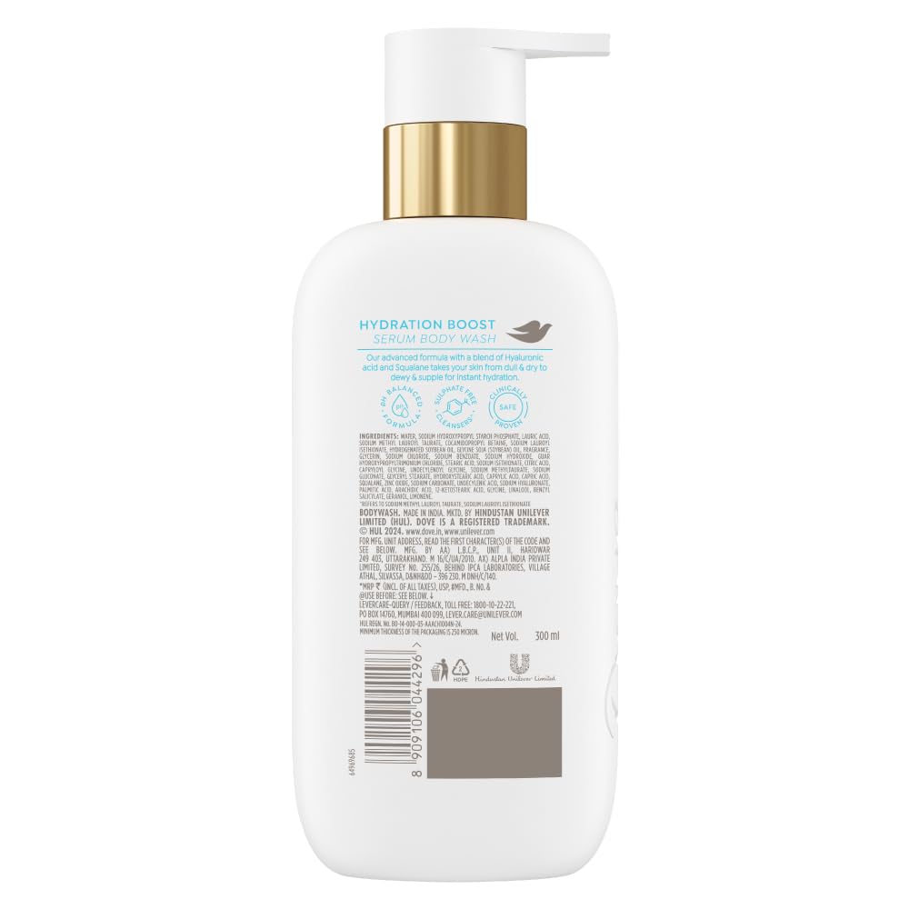 Dove Hydration Boost Serum Body Wash | 6% Hydrating Serum with Hyaluronic Acid | For instantly plump & dewy skin | Paraben & SLS free | 300 ml
