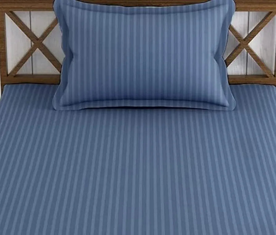 Trance Home Linen 100% Cotton 78x36 inch Single Fitted 200TC Satin Stripe Elastic Fitted Bedsheet with 1 Pillow Covers Colour Mediterranean Blue