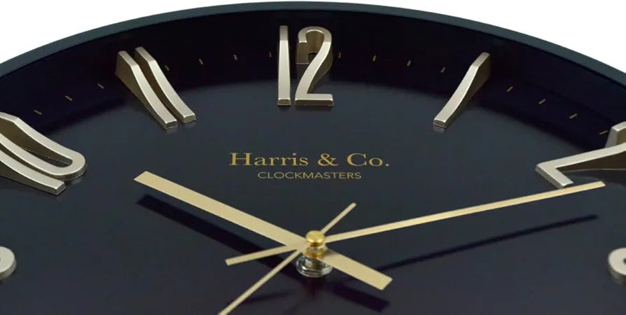 Harris & Co. Clockmasters Silent Sweep Noiseless Technology Analog Wall Clock With Metal Golden 3d Numbers Black