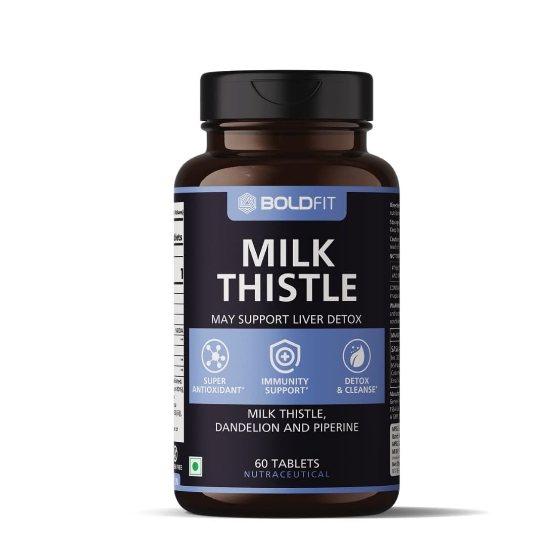 Boldfit Milk Thistle Fatty Liver Support Supplement with Silymarin Piperine and Dandelion Liver Detox Tablets Supports Liver Health Cleanse and Daily Wellness for Men and Women - 60 Vegetarian Tablets