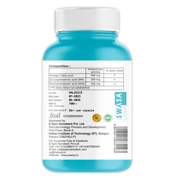 Swasa Vegan Omega 3 Capsules, 500 mg || Healthy Heart|| Brain|| Immunity ((Pack of 1))