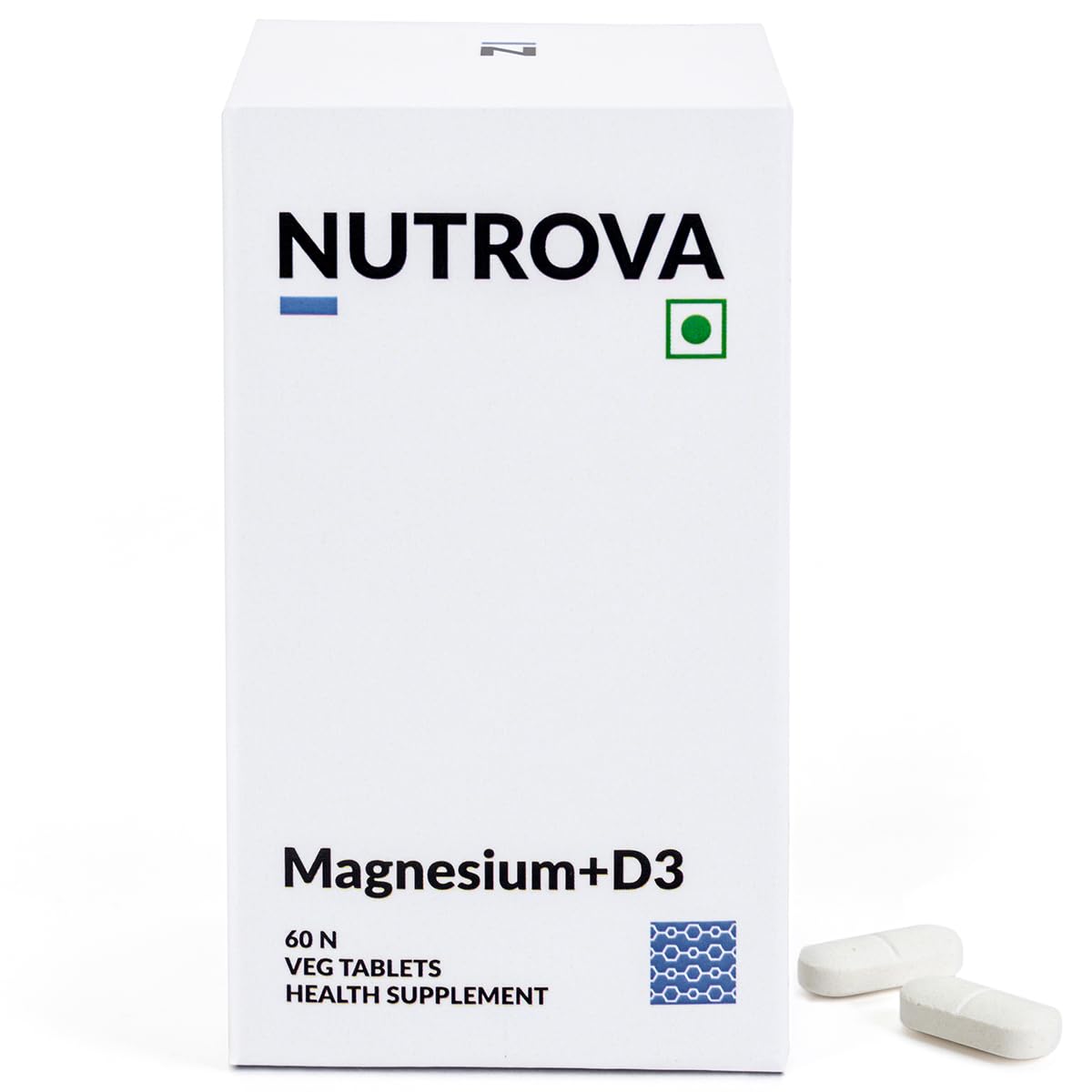 Nutrova Magnesium+D3 | With Magnesium Bisglycinate & Vitamin D3 | Supports Better Sleep, Mood, Energy & Muscle Recovery | High Absorption Formula | Gentle on Stomach | 60 Veg Tablets