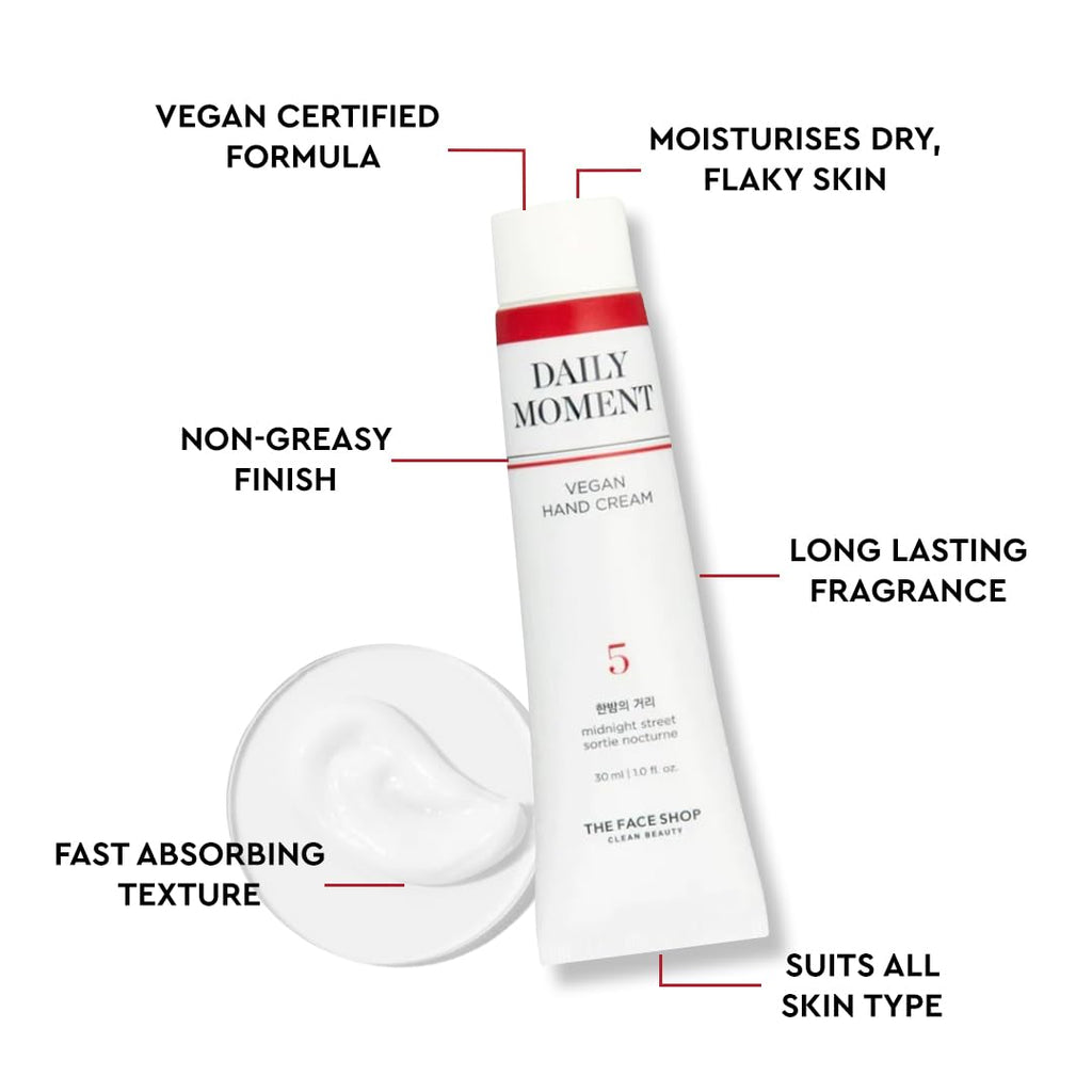 The Face Shop Daily Moment Vegan Hand Cream Noon Park with Hyaluronic Acid & Shea Butter, Non-Greasy & Quick absorbing hand care cream, 30ml