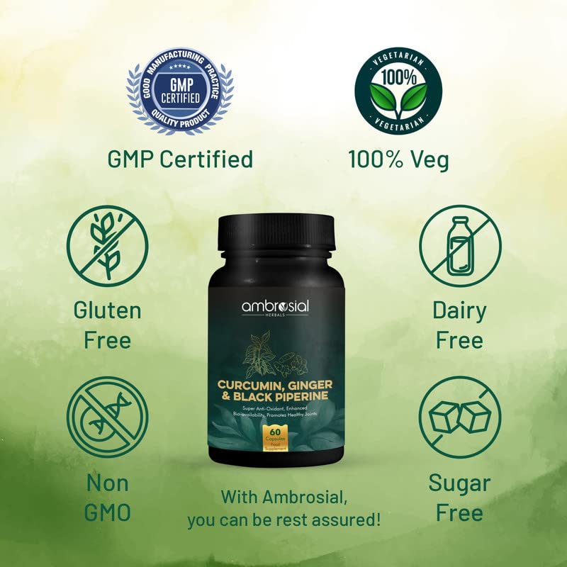 Ambrosial Curcumin Capsules With Turmeric and Black Pepper with Ginger | High Strength Tablets with Enhanced Absorption | 95% Curcuminoids Curcumin with Piperine (Pack of 1-60 Capsules)