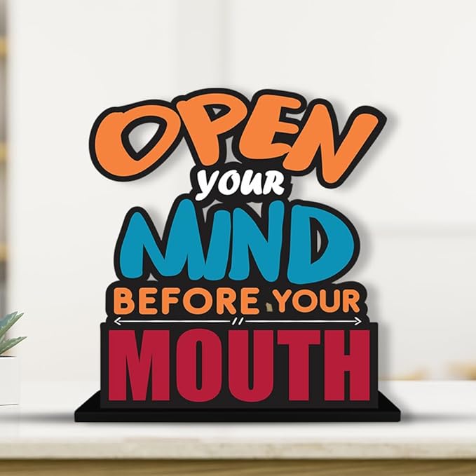 Artvibes Wooden Idols and Figurine Open Your Mind Before Your Mouth Quote Table Decor for Office Desk | Home Decor Item