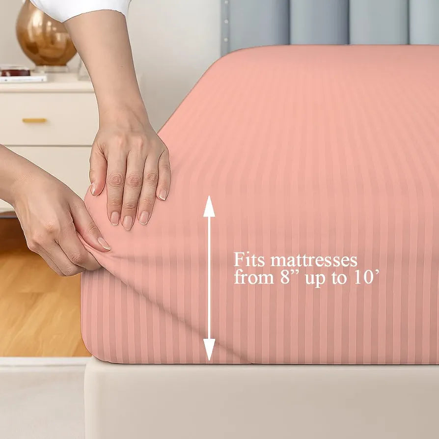 Trance Home Linen 100% Cotton 78x72 inch King Fitted 200TC Satin Stripe Elastic Fitted Bedsheet with 2 Pillow Covers Colour Peach