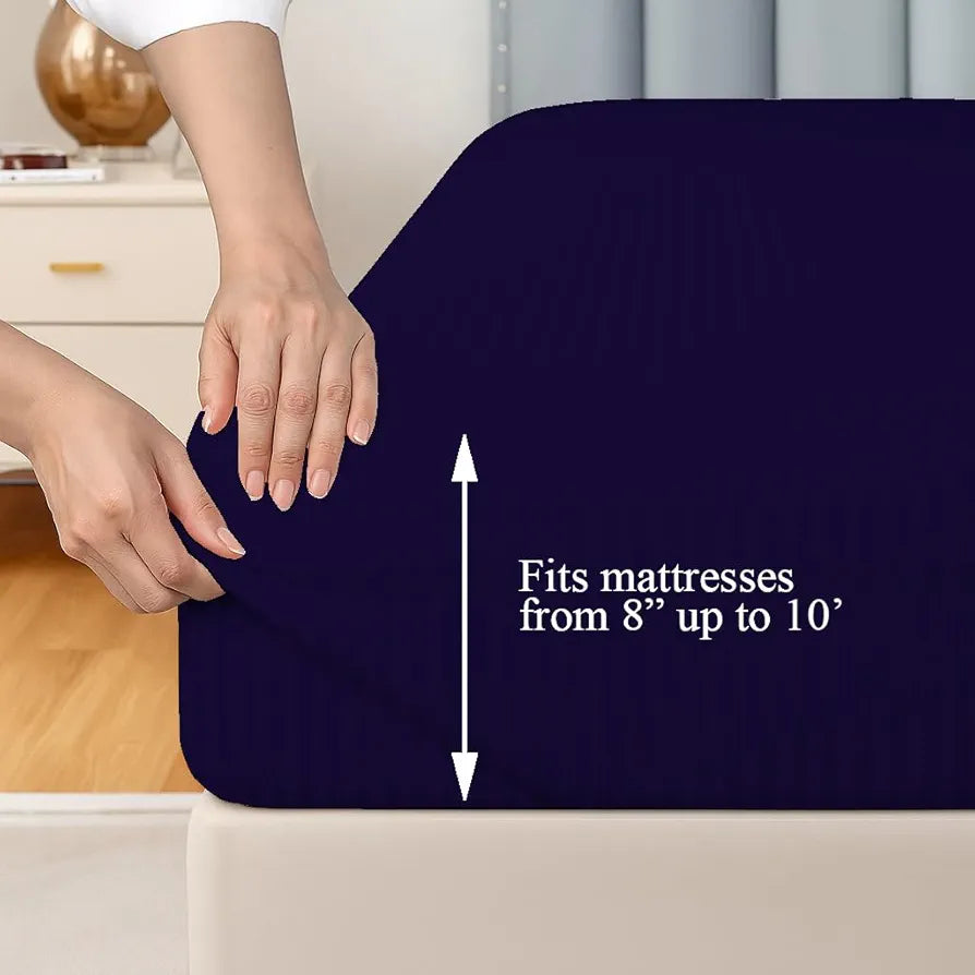 Trance Home Linen 100% Cotton 78x60 inch Queen Fitted 200TC Satin Stripe Elastic Fitted Bedsheet with 2 Pillow Covers Colour Dark Blue