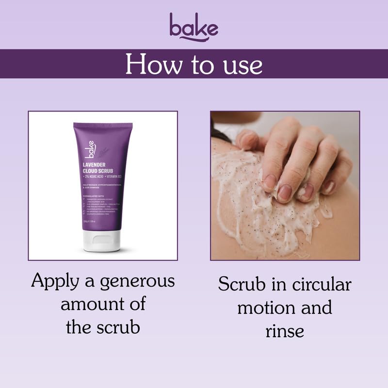 BAKE 2% Kojic Acid Lavender Body Scrub (200g) For Brightening, Tan Removal, Dark Spots & Pigmentation | Niacinamide & Ceramide Complex | Exfoliates & Brightens Underarms | Face Scrub with Walnut Granules | For Women & Men