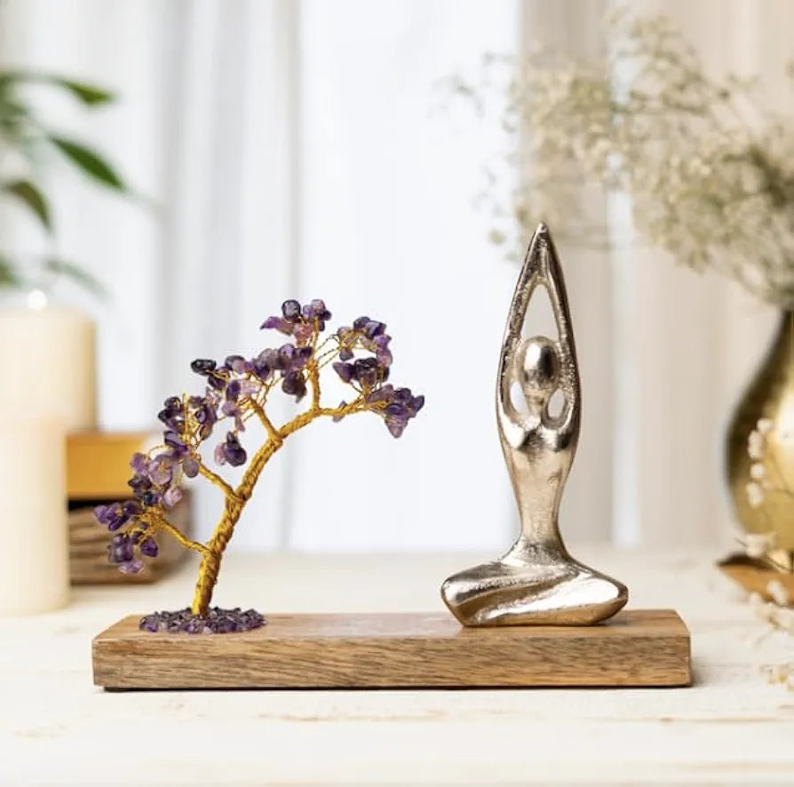 Ritualistic Namaste Amethyst Quartz Crystal Tree Handcrafted for Energy Healing Meditation