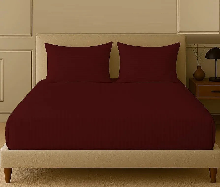 Trance Home Linen 100% Cotton 78x66 inch 200TC Satin Stripe Elastic Fitted Bedsheet Daily Use Double Bed Fitted Bedspread with 2 Pillow Covers Colour Maroon
