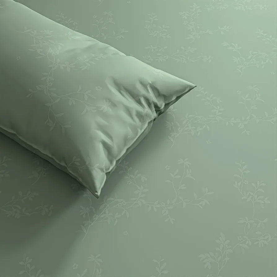 Trance Home Linen 100% Egyptian Cotton 300TC Long Staple Queen Size Jacquard Weave Fitted Bedsheet with 2 Pillow Covers Colour Olive
