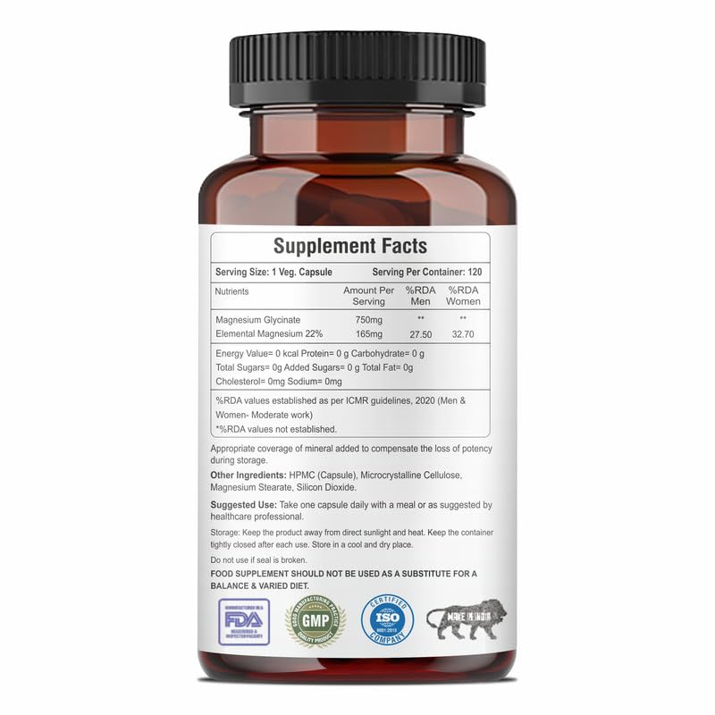 Magnesium Glycinate Capsules, 100 Veg Capsules, Muscle Relaxation & Healthy Sleep Support (750 mg)