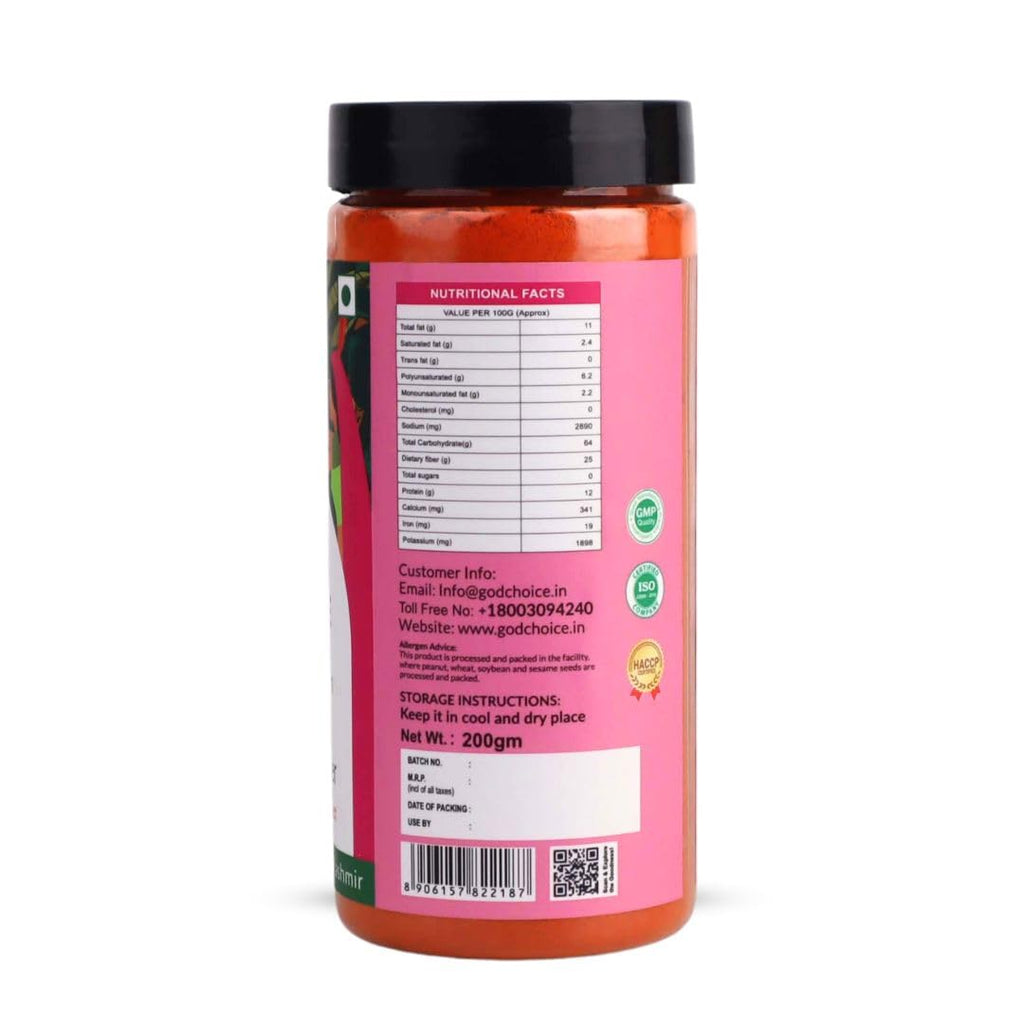 GOD CHOICE ORGANIC FARMS Kashmiri Chilli Powder 200G||Sourced from the valley of Kashmir|Stoneground|100% Pure With Natural Oils Intact|No Artificial Colours or Additives|Organic Spicy Masala