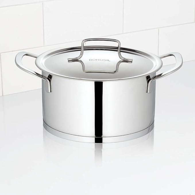 Borosil Stainless Steel Casserole | Impact Bonded Tri-ply Bottom | 1.6 Liter | Silver