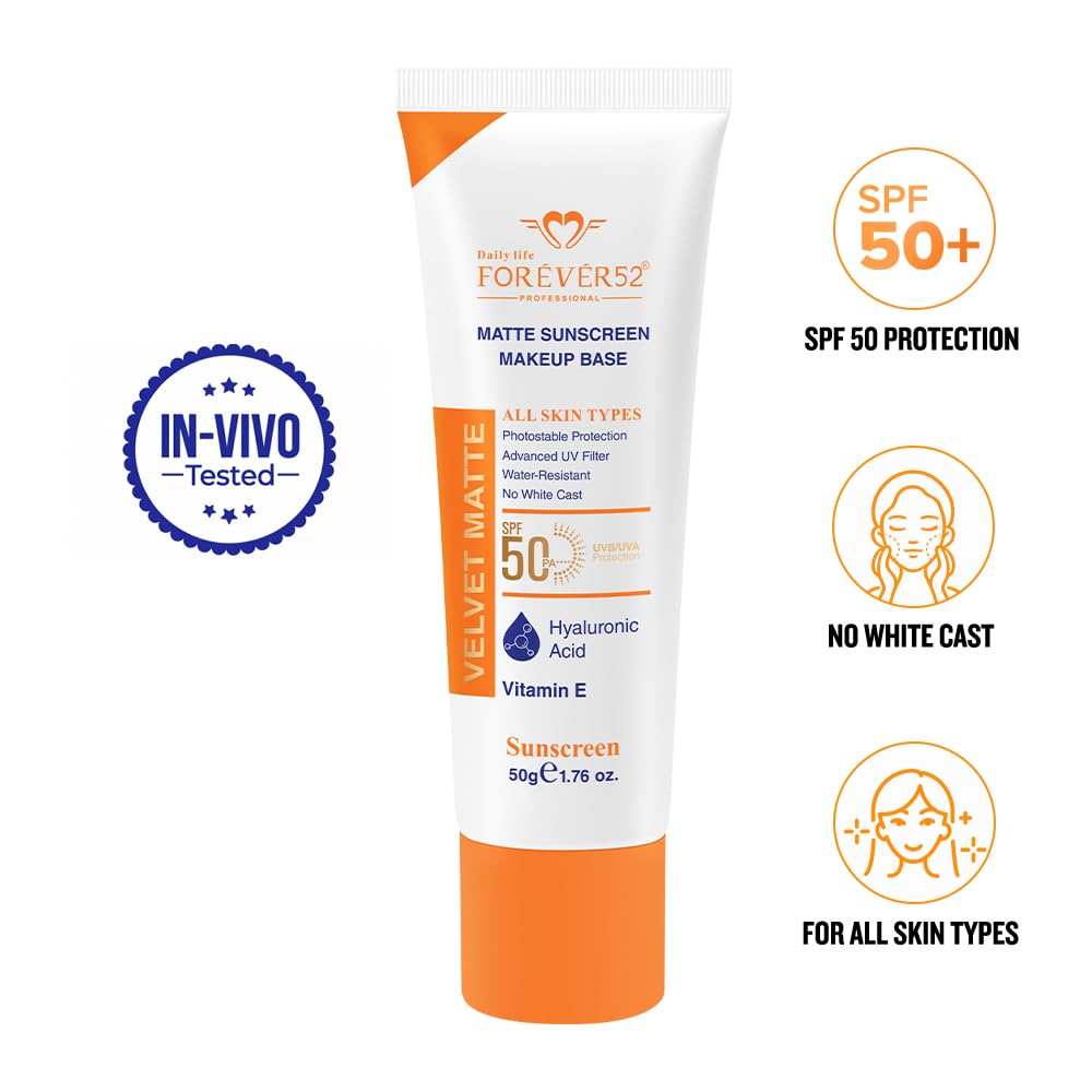 Daily Life Forever52 Velvet Matte Sunscreen SPF 50+ PA++++ | Lightweight Makeup Base | No White Cast | Hyaluronic Acid & Vitamin E | Matte Finish - 50g