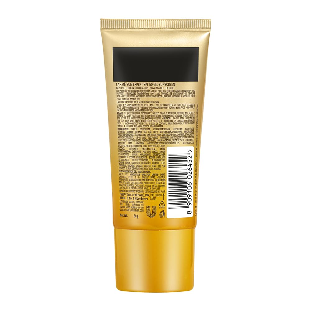 LAKMÃ‰ Sun Expert SPF 50 PA+++ Gel Sunscreen, Niacinamide | Water-Light|For Oily & Combination Skin| Non-sticky | For All Skin Types, For UVA/B Protection,No White Cast 50g