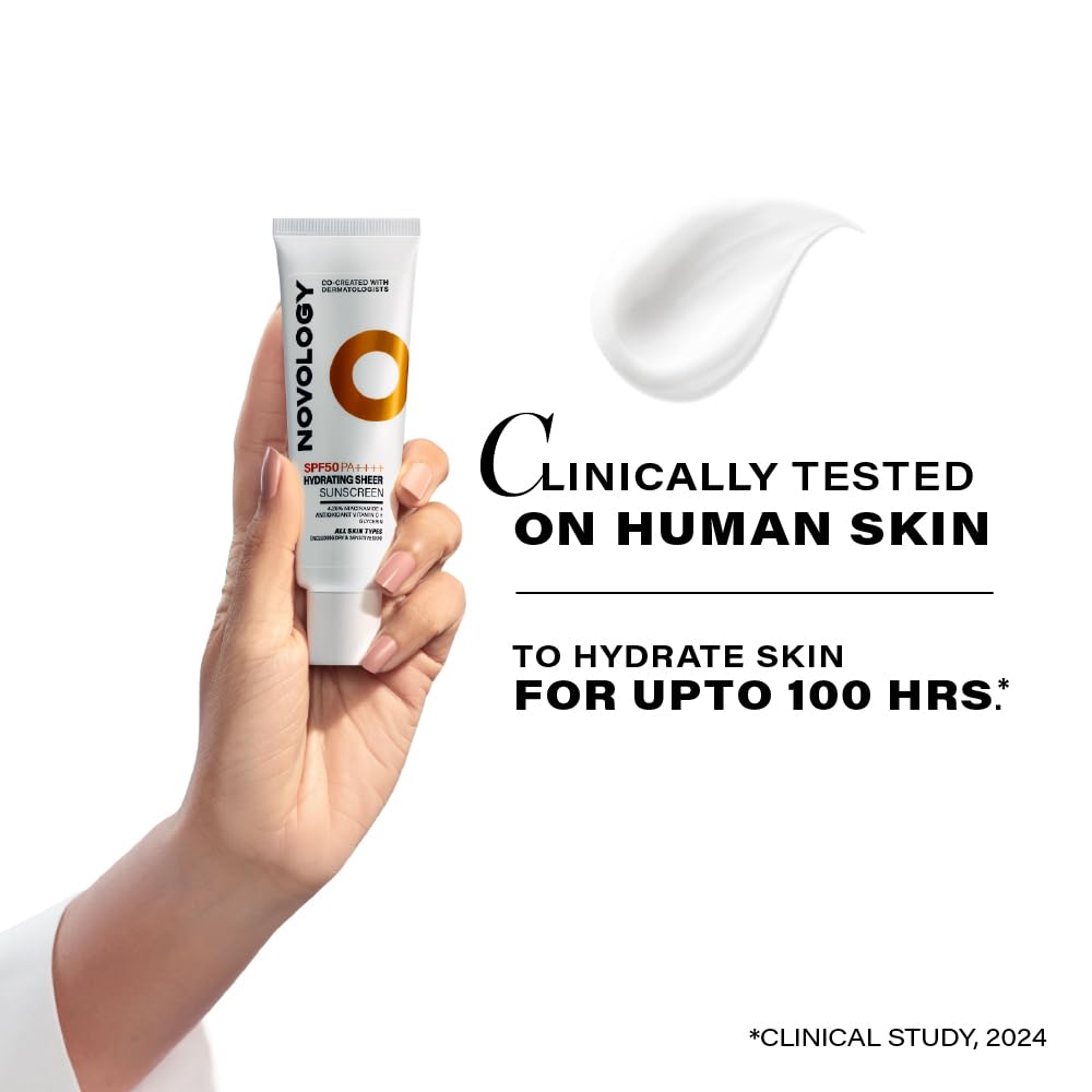 Novology SPF 50 PA++++ Hydrating Sheer Sunscreen With 4.5% Niacinamide for Dry Skin| No White Cast, Non Sticky | 50 g