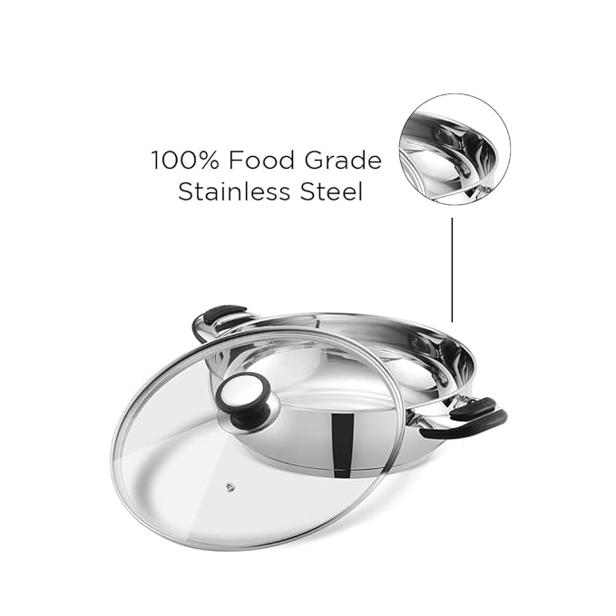 Vinod Durban Stainless Steel Kadhai with Glass Lid 1.7 Litre (20 cm) | 6.2mm Thick | Kadhai for Deep Frying | Induction and Gas Base