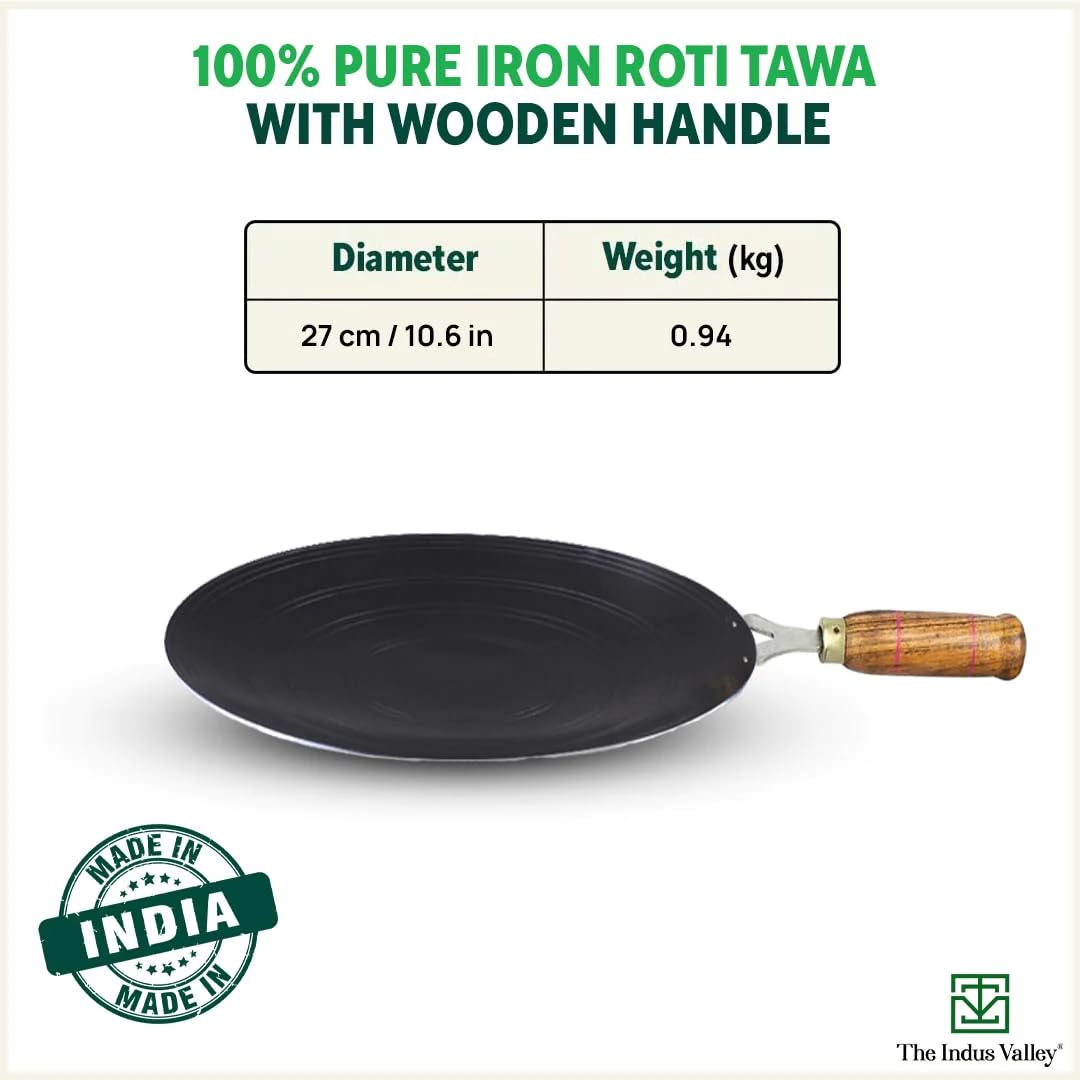 The Indus Valley Pre-Seasoned Iron Tawa for Dosa/Chapathi with Wooden Handle 27cm
