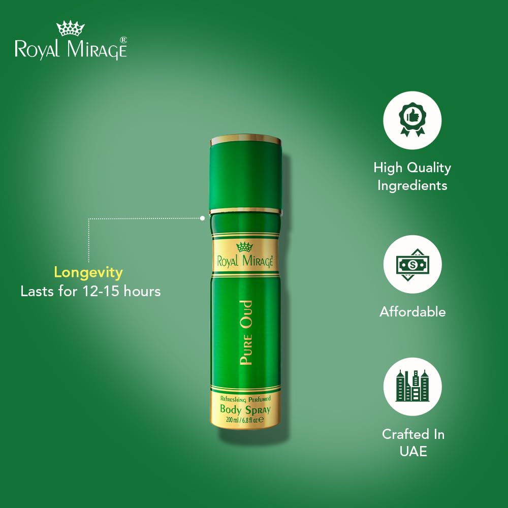 Royal Mirage Pure Oud Body Spray | Long-Lasting Unisex Perfume | Oud, Leather & Saffron Notes | Bold & Captivating Luxury Fragrance | Exotic & Sophisticated Scent | Gift for Men & Women | 200ml