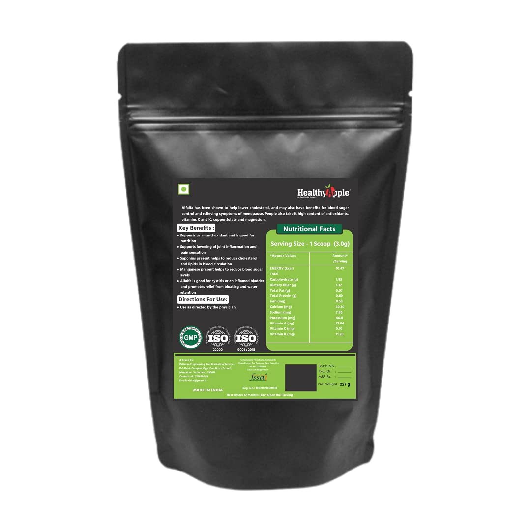 Healthy Apple Organic Alfalfa Powder, (8 Ounce), Contains Immune Vitamin C and Minerals, Best Green Superfoods for Smoothie, Drinks, Beverage and Cookies, Non-GMO and Vegan Friendly