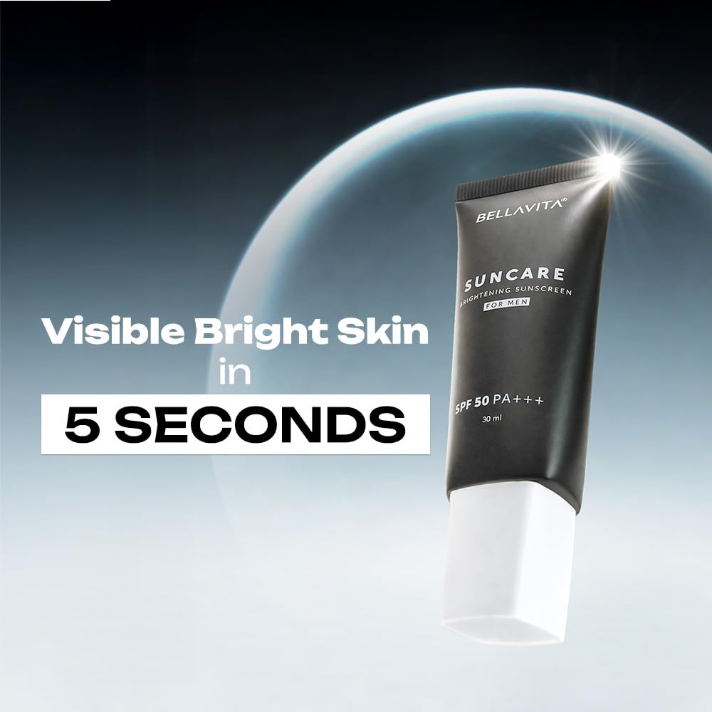 BELLAVITA Suncare Brightening Sunscreen For Men | SPF 50 PA+++ Broad Spectrum Protection | Zero White Cast | Brightens Skin Instantly | Ultra Lightweight | Prevents Tanning & Dullness | Instant Absorption | 30 ml