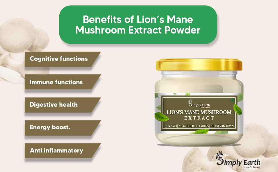 Simply Earth Lion's Mane Mushroom Extract Powder 10:1, (20% Polysaccharides) Improves Memory, Focus and Clarity | 50gmâ€¦