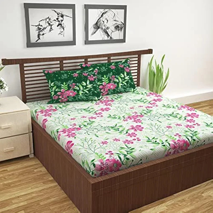 Divine Casa 144 TC Cotton Bedsheet for Double Bed with 2 Pillow Cover Colour Mint Pink