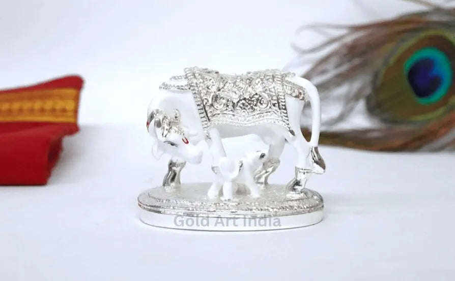 Gold Art India Kamdhenu Cow with Calf Idol White & Silver Plated Finish