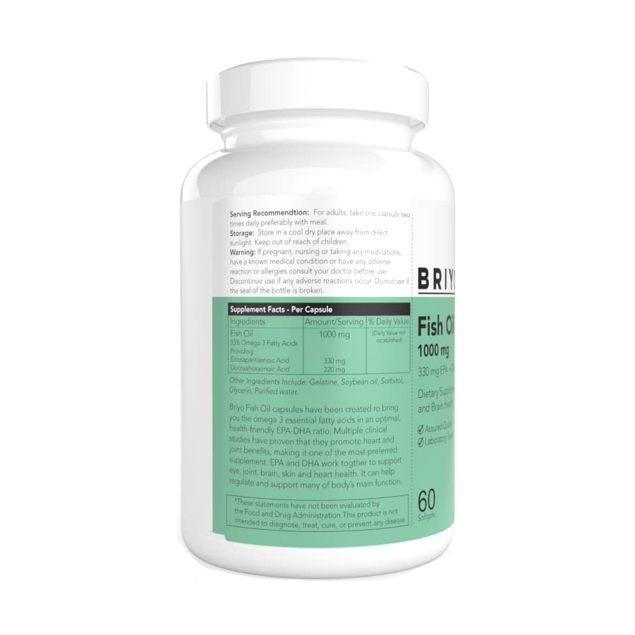 Briyosis Fish Oil 1000 mg (550 mg Omega 3) - 330 mg EPA & 220 mg DHA Per Softgel For Heart and Brain Health
