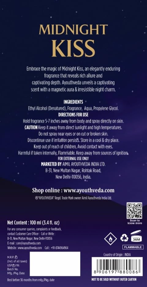 Ayouthveda Midnight Kiss Eau De Parfum for Women | Long Lasting Luxury Perfume | White Musk, Peach, Patchouli & Jasmine Notes | Elegant Evening Fragrance Spray | 100ml