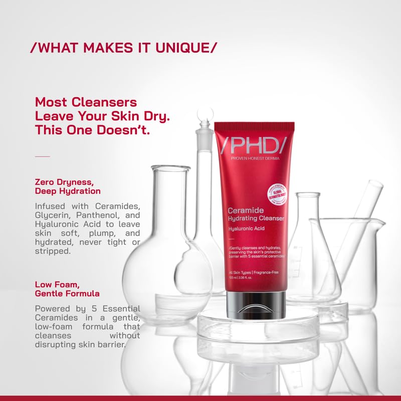 /PHD/ Ceramide Hydrating Cleanser with Hyaluronic Acid 100ml | Non-Drying Gel Face Wash for All Oily Skin, Dry Skin & Sensitive Skin | Gently Cleanses, Hydrates & Protects Skin Barrier | Fragrance-Free