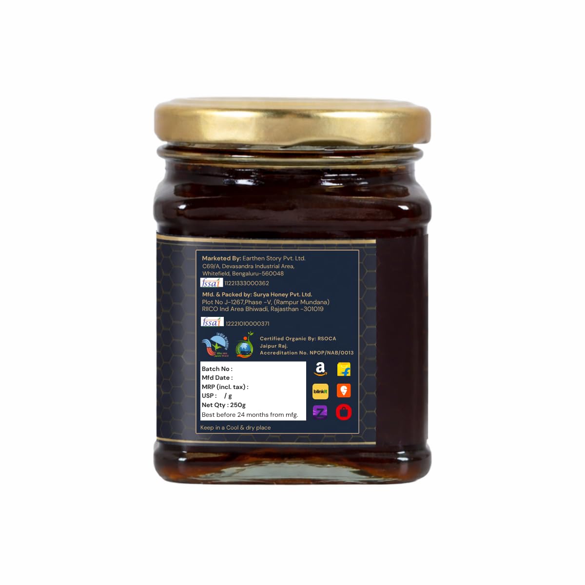 Earthen Story Certified Organic Wild Forest Honey 250 g | NMR & Lab Tested for 290+ Pesticides | NPOP Approved & Traceable with Transaction Certificate | Raw Honey in Glass Jar