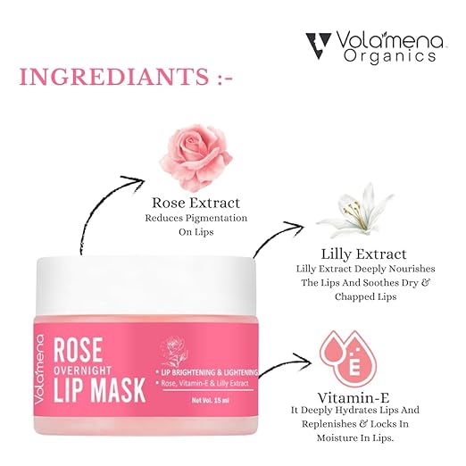 Volamena Rose & Vit-E Lip Mask For Lighten Dark to Natural Pink Lips For Women - 15 ml