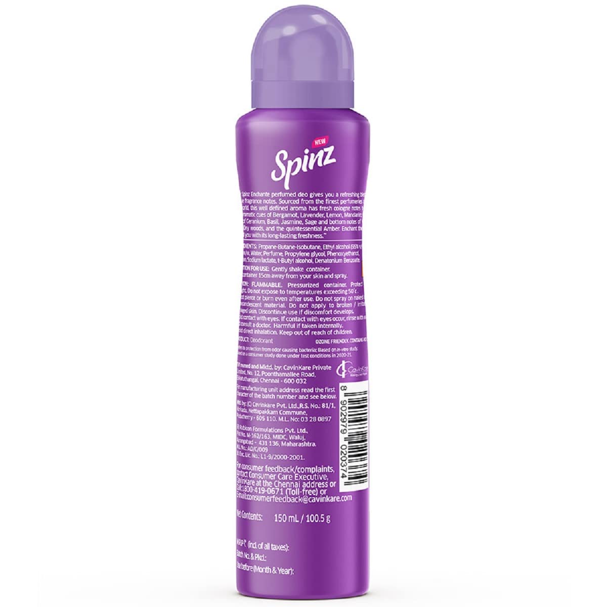 Spinz Enchante Perfumed Deo for Women, with International Fragrances for Long Lasting Freshness and 24 Hours Protection from Odour causing Bacteria, 150ml