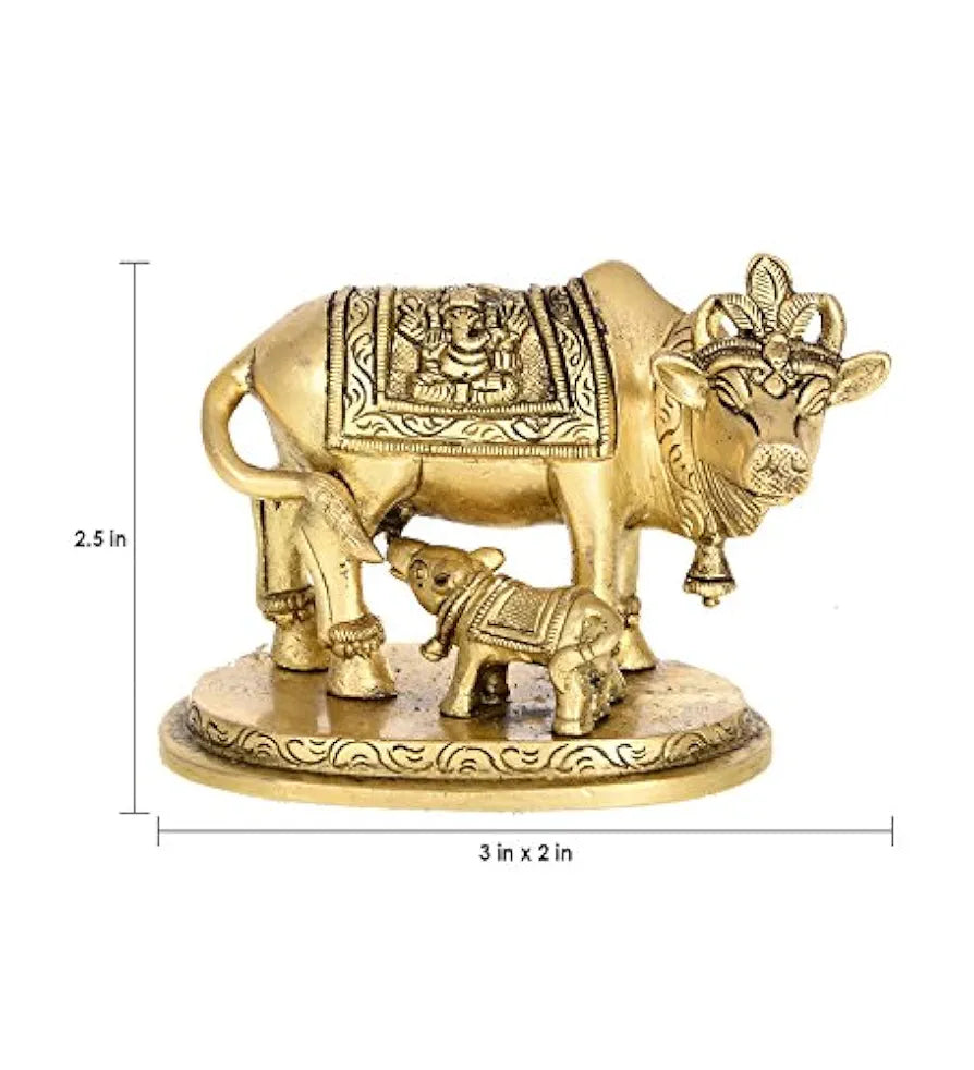 Two Moustaches Brass Holy Kamdhenu Cow and Calf Sculpture