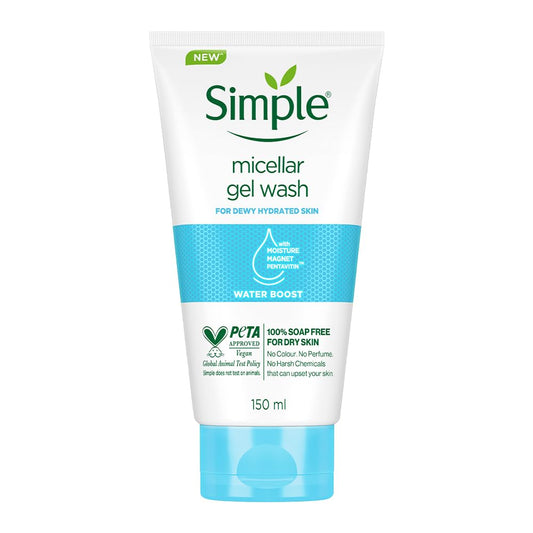 Simple Water Boost Micellar Gel Wash| 100% Soap Free | Gentle Hydrating Facewash with Prebiotics & Panthenol | Cleanser for Dry Sensitive Skin, 150 ml