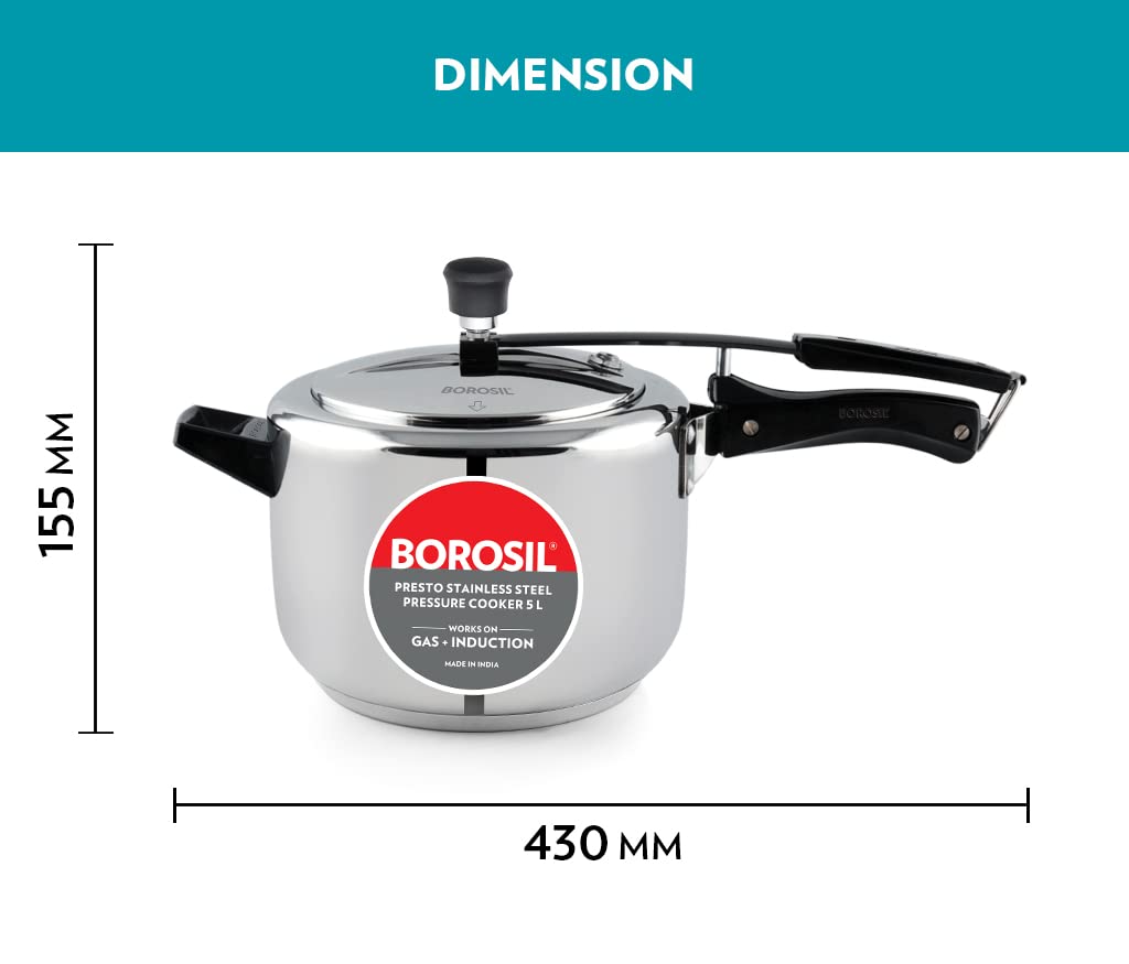 Borosil Presto Induction Base Stainless Steel Inner Lid Pressure Cooker | 5 Litres